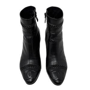 Chanel CC Chain Cap Toe Black Leather Ankle Boots Size 37